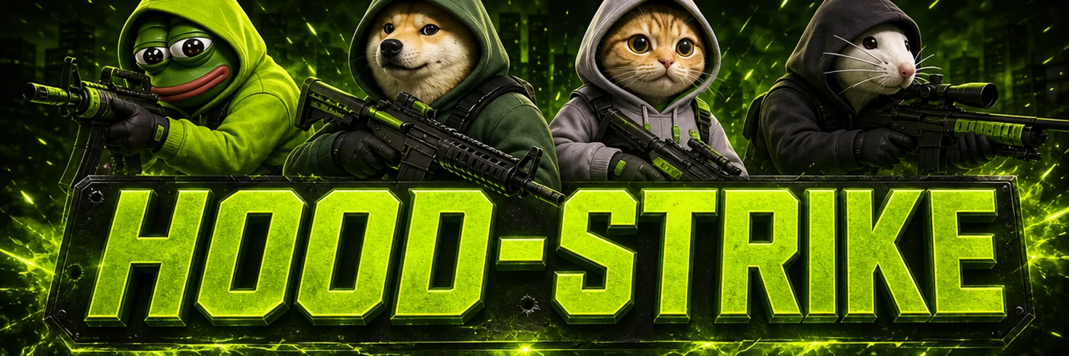 clean HOOD-STRIKE title banner with hooded gun characters